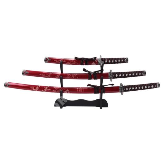 SET 3 RED KATANAS WITH SHEATH AND DISPLAY (ZS574S RED)